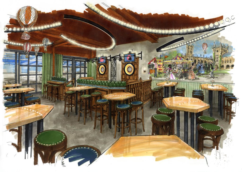 artistic sketch of the interior of Flight Club with oche areas, tables and stools