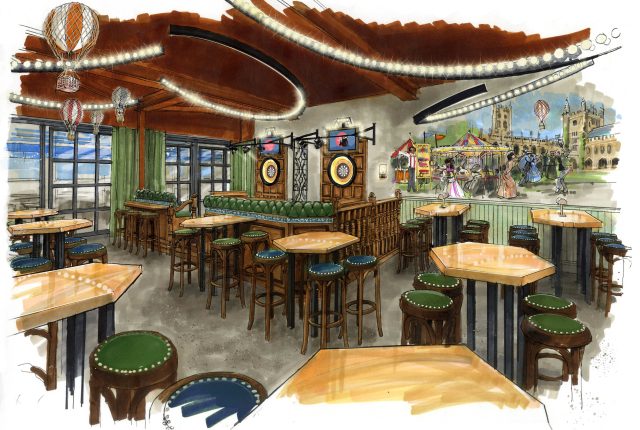 artistic sketch of the interior of Flight Club with oche areas, tables and stools